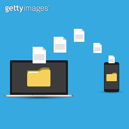 File transfer. Hand holding smartphone with folder on screen and ...