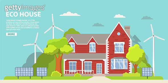 Green energy an eco friendly suburban american house. Solar panel, wind ...