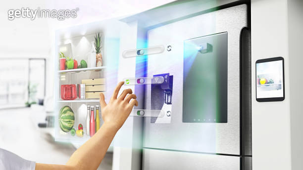 Hand controlling futuristic smart refrigerator with holographic control ...