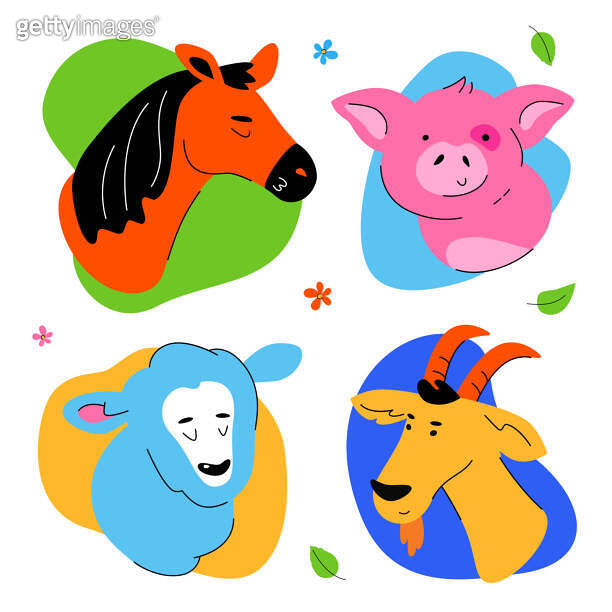 Cute farm animals portraits - set of flat design style characters ...