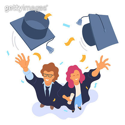 Two happy college graduates throwing academic caps vector illustration ...