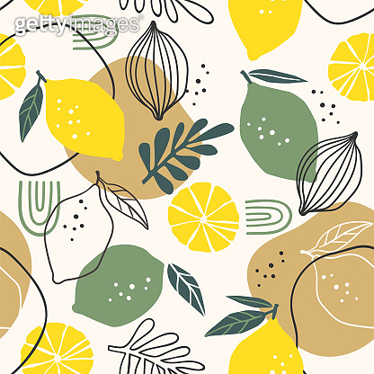 Vector seamless pattern with lemons and limes. Trendy hand drawn ...