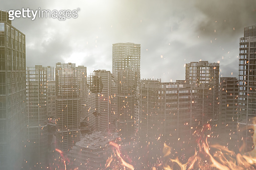 view of the destroyed post-apocalyptic city 3D render (1198315611) 일러스트 ...