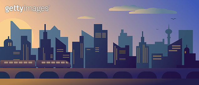 Sunset or sunrise in modern city with skyscrapers and subway. Vector ...