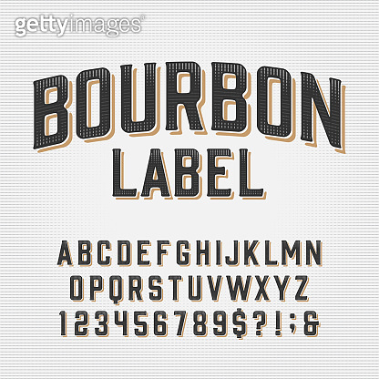 Bourbon Label alphabet font. Scratched vintage letters, numbers and ...