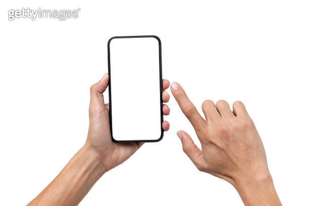 Hand man holding mobile smartphone with blank screen isolated on white ...