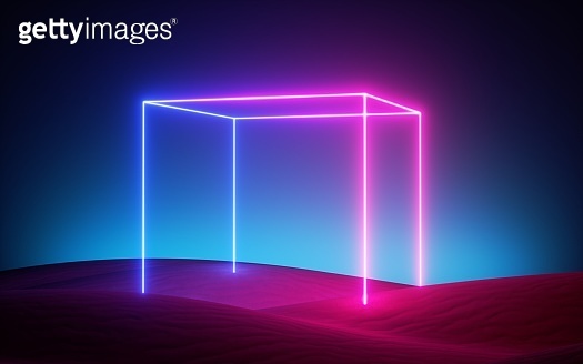 3d render, abstract pink blue neon background with glowing cube, square ...
