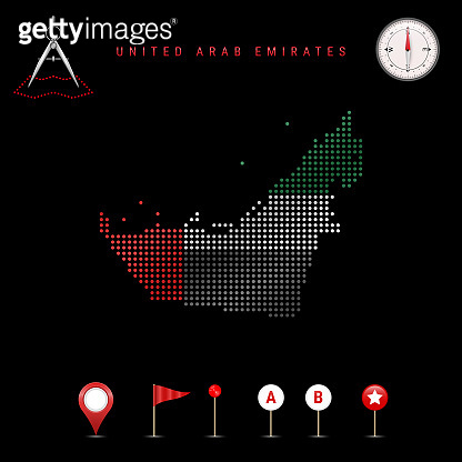 Dotted vector map of United Arab Emirates painted in the national flag ...