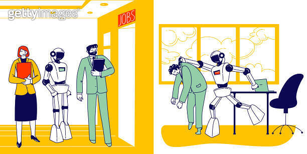 Human Characters Vs Robots Concept. Boss Cyborg Kicking Out Employee ...