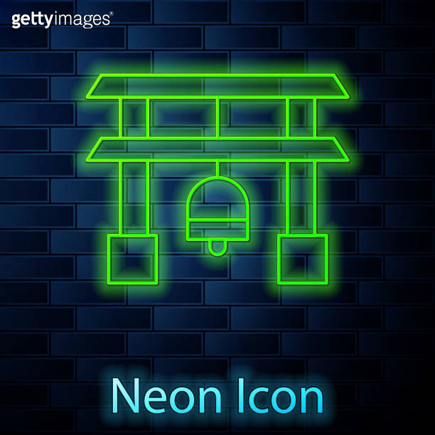 Glowing neon line Japan Gate icon isolated on brick wall background ...