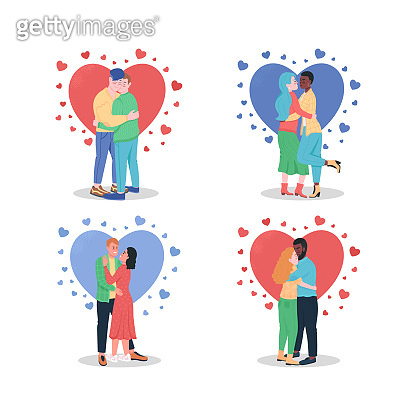 Hugging couples in love flat color vector detailed character set ...