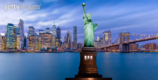 Statue of Liberty, Brooklyn Bridge and New York City Skyline with ...