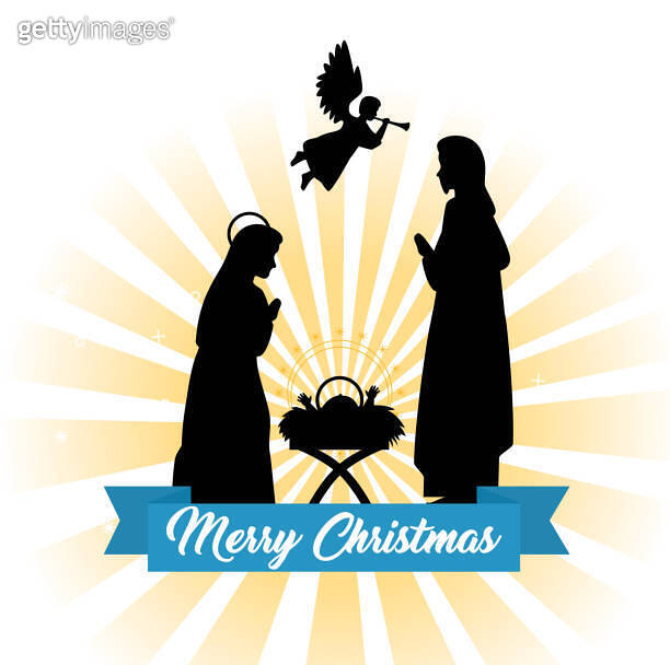 merry christmas nativity mary joseph baby and angel vector design ...