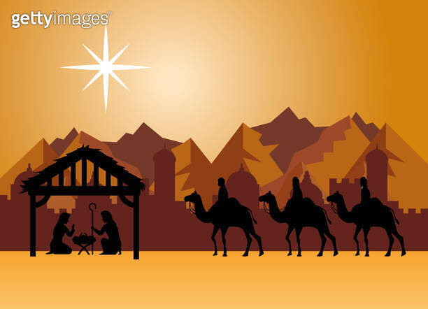 merry christmas nativity mary joseph baby and three wise men at desert ...