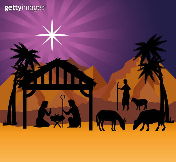 merry christmas nativity mary joseph baby and cows at desert vector ...