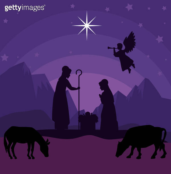 merry christmas nativity mary joseph baby and cows vector design ...