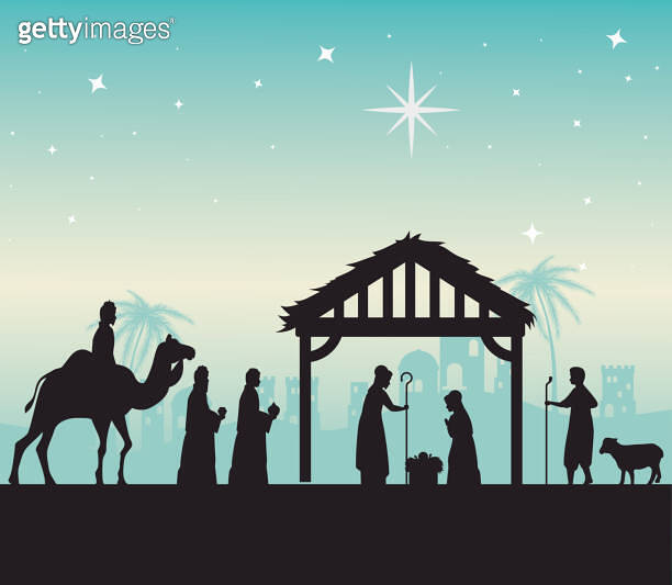 merry christmas nativity mary joseph and three wise men silhouette ...
