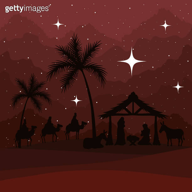 nativity mary joseph baby and wise men on red background vector design ...