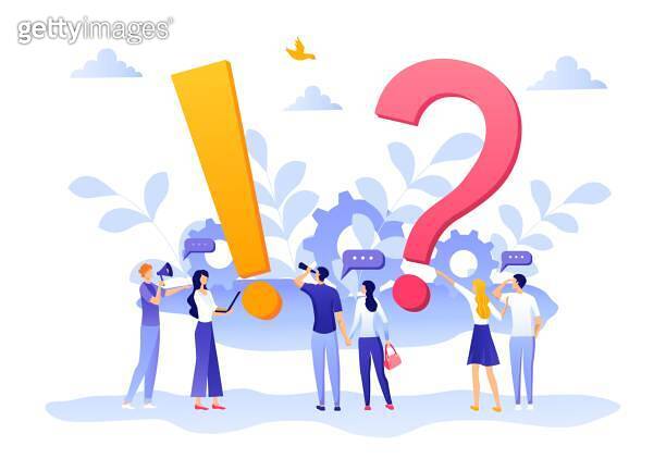 People Characters Standing near Exclamations and Question Marks. Woman ...