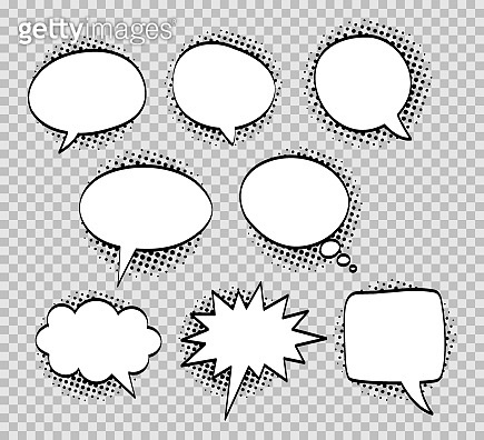 A set of comic bubbles and elements with halftone shadows on ...
