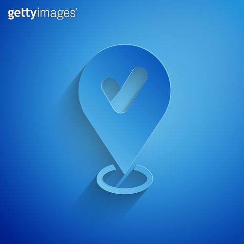 Paper cut Map pin with check mark icon isolated on blue background ...