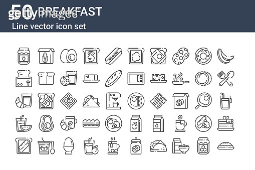 set of 50 breakfast icons. outline thin line icons such as pie, toast ...
