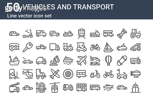 set of 50 vehicles and transport icons. outline thin line icons such as ...