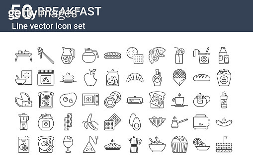 set of 50 breakfast icons. outline thin line icons such as sandwich ...