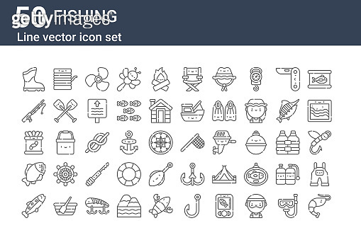 set of 50 fishing icons. outline thin line icons such as shrimp, trout ...