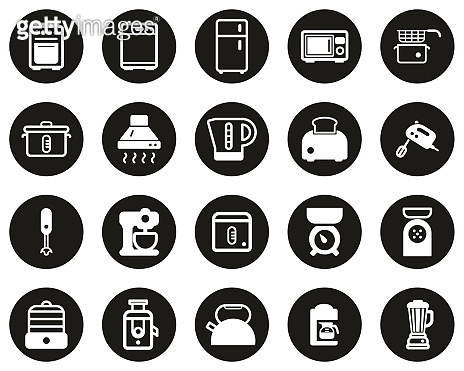 Kitchen Appliances Icons White On Black Flat Design Circle Set Big ...