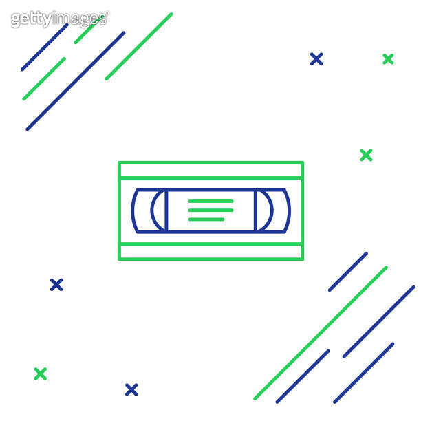 Blue and green line VHS video cassette tape icon isolated on white ...