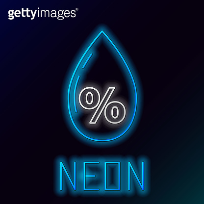 Blue glowing neon line Water drop percentage icon isolated on black ...