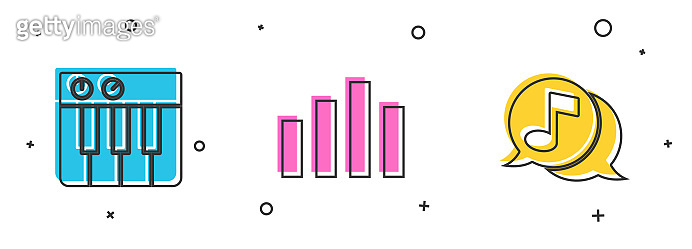 Set Music synthesizer, equalizer and Musical note in speech bubble icon ...