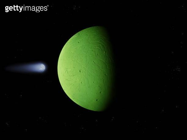 Green planet with a solid surface and craters in space (1289585196 ...