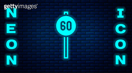 Glowing neon Speed limit traffic sign 60 km icon isolated on brick wall ...