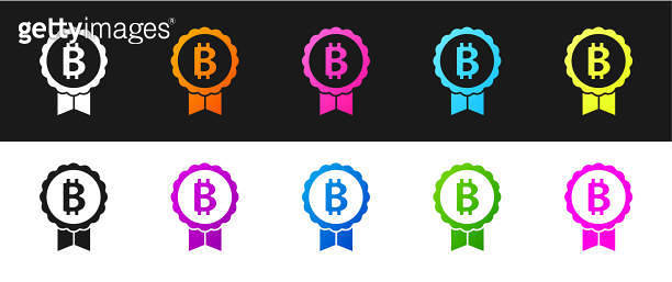 Set Cryptocurrency coin Bitcoin icon isolated on black and white ...