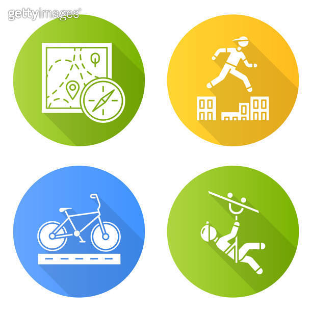 Extreme sports flat design long shadow glyph icons set. Foot ...