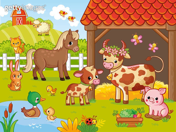 Farm with animals in cartoon style. Vector illustration with pets ...