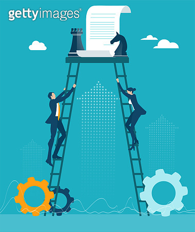 Business people climbing up the ladder of success up to the contract ...