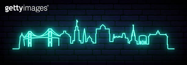 Blue neon skyline of Newport. Bright Newport City long banner. Vector ...
