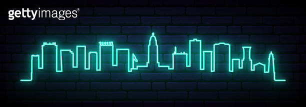 Blue neon skyline of Lincoln. Bright Lincoln City long banner. Vector ...