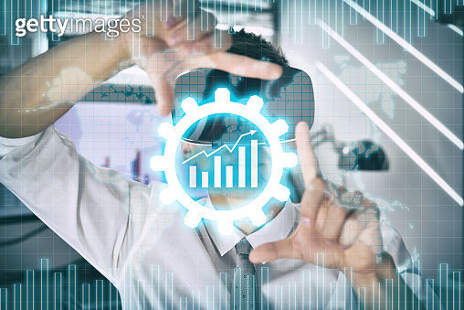 Trader with virtual reality glasses using chart in abstract cog ...