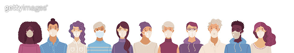 Women and men wearing safety breathing masks (1218284902) - 게티이미지뱅크