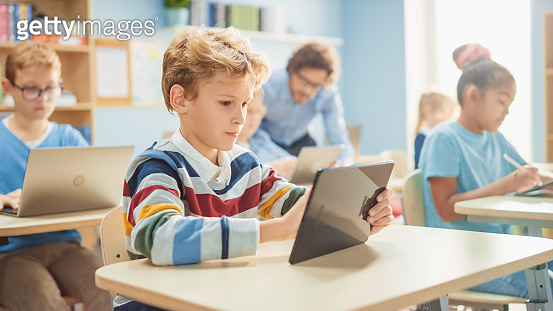 Elementary School Computer Science Class: Smart Boy Uses Digital Tablet ...