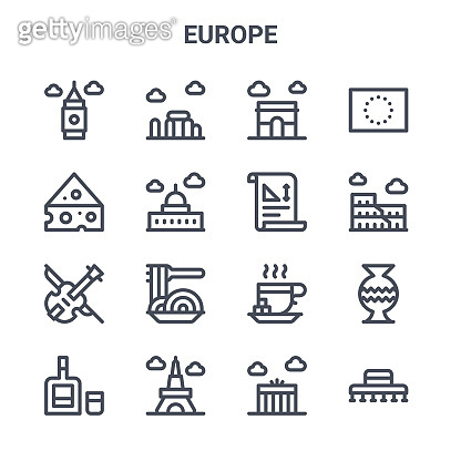 set of 16 europe concept vector line icons. 64x64 thin stroke icons ...