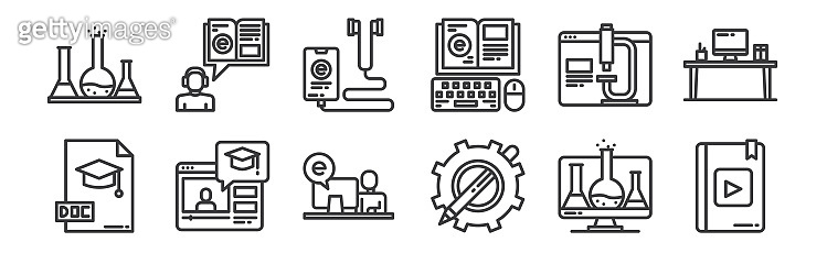 12 set of linear elearning icons. thin outline icons such as ebook ...