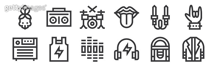 12 set of linear rock and roll icons. thin outline icons such as ...