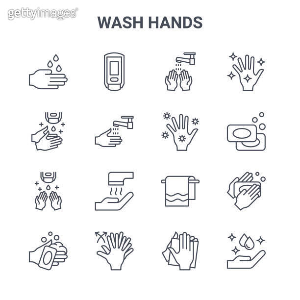 set of 16 wash hands concept vector line icons. 64x64 thin stroke icons ...