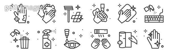 12 set of linear hygiene icons. thin outline icons such as hand, hand ...