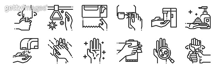 set of 12 thin outline icons such as washing hand, hand, washing hand ...